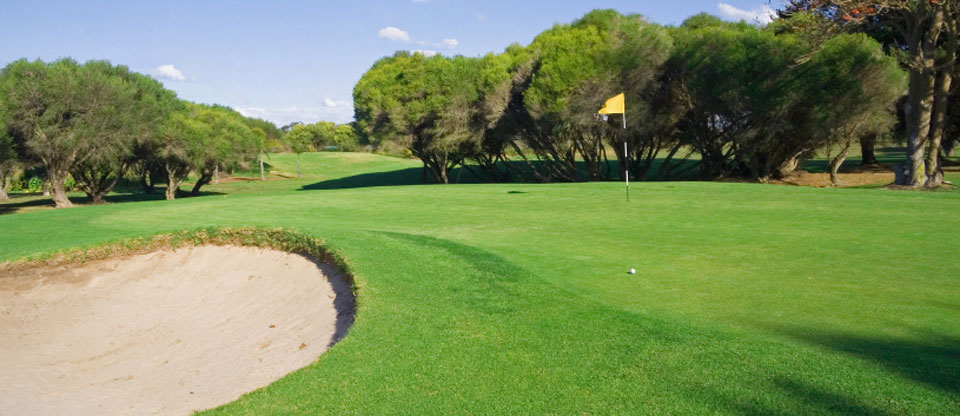 Panoramic view of a lush green golf course at Bent Tree Golf Course. Smooth