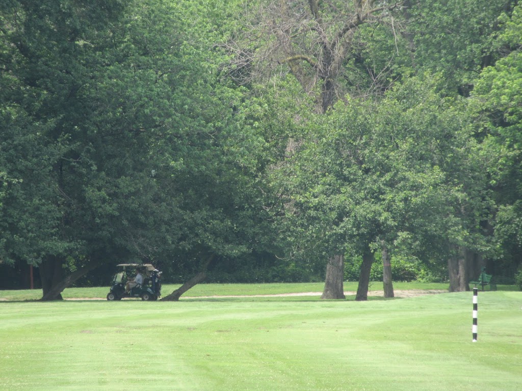 Panoramic view of a lush green golf course at Columbus Park Golf Course. Smooth