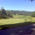 Panoramic view of a lush green golf course at Coos Golf Club. Smooth