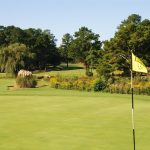 Panoramic view of a lush green golf course at Cypress Lakes Golf Course. Smooth