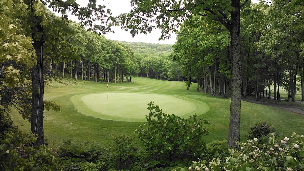 Panoramic view of a lush green golf course at Devils Knob Golf Course. Smooth