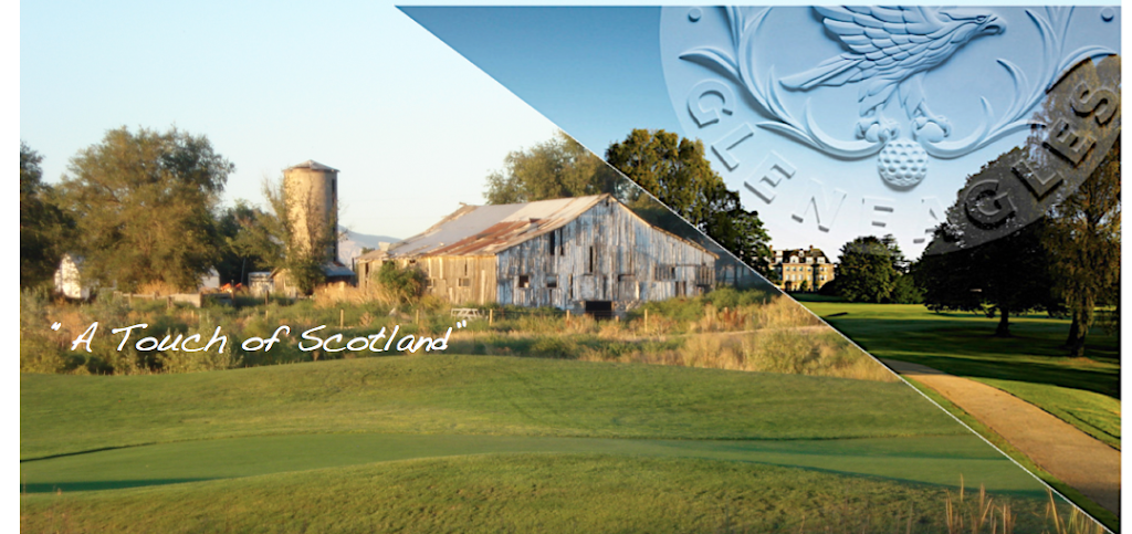 Panoramic view of a lush green golf course at Glen Eagle Golf Course. Smooth