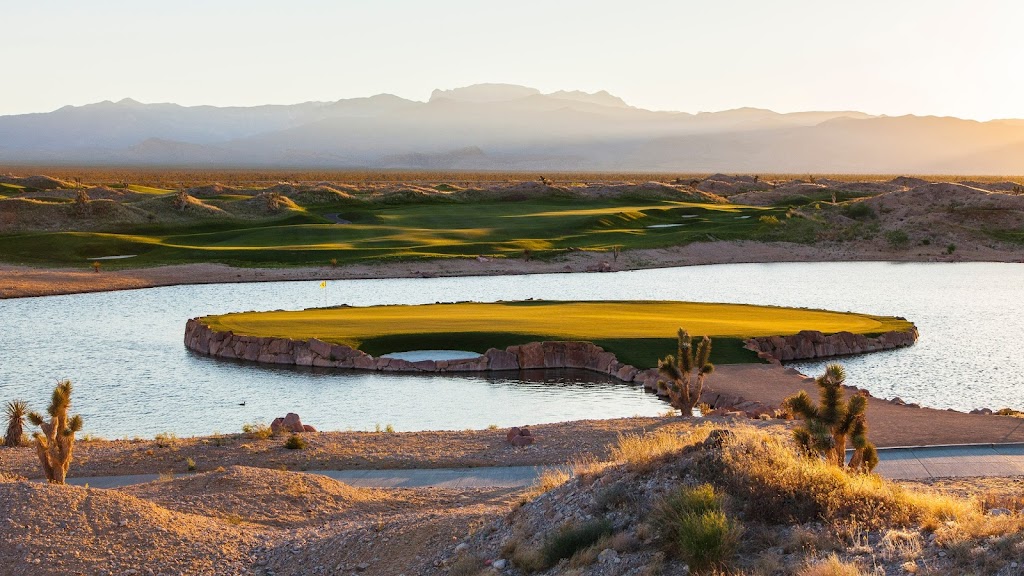 Panoramic view of a lush green golf course at Las Vegas Paiute Golf Resort. Smooth