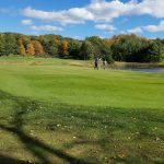 green grass with the flag in the hole.