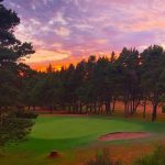 Panoramic view of a lush green golf course at Manzanita Links. Smooth