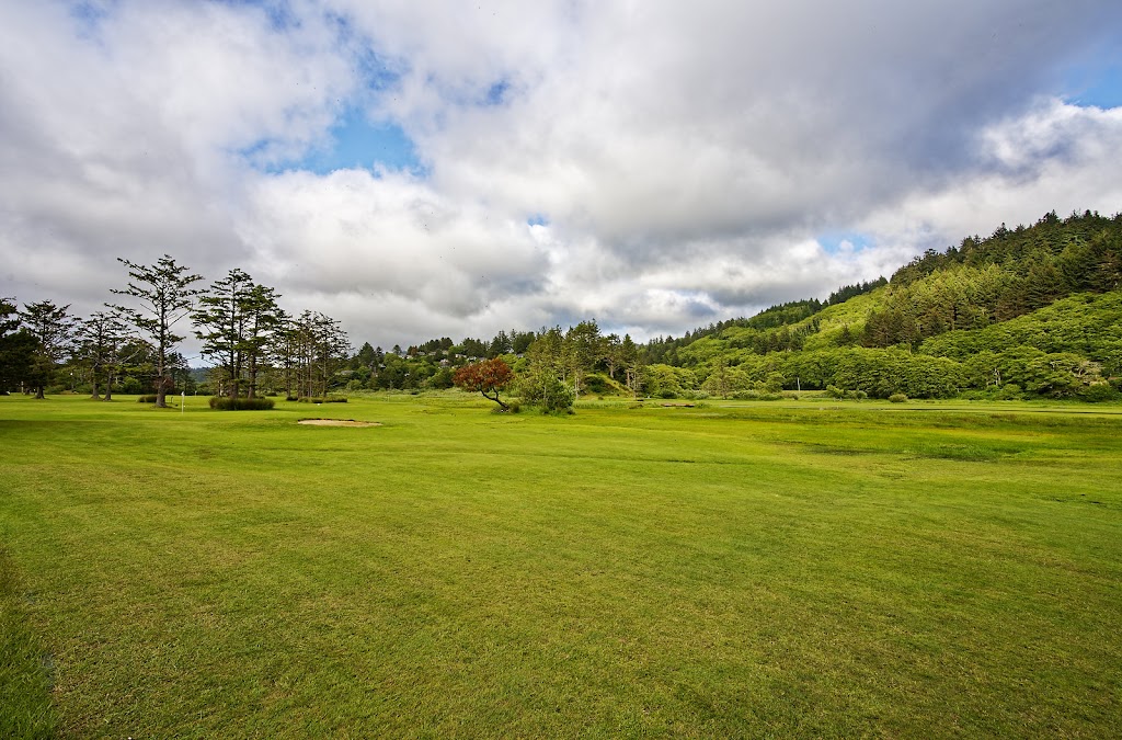 Panoramic view of a lush green golf course at Neskowin Beach Golf Course. Smooth