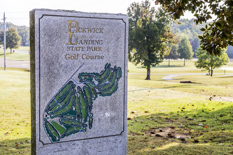 Panoramic view of a lush green golf course at Pickwick Landing State Park Golf Course. Smooth