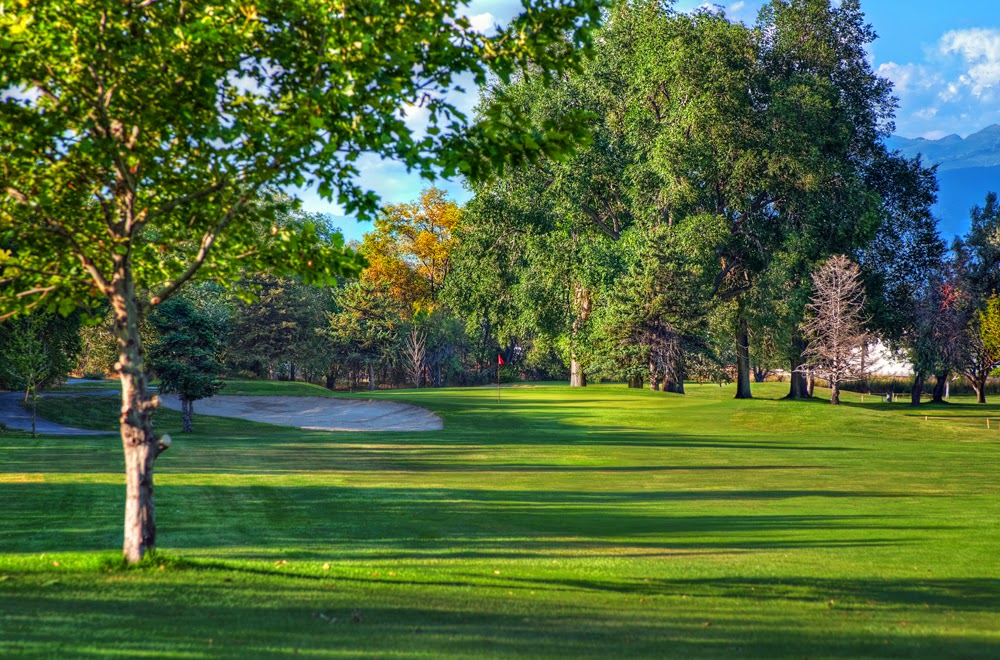 Panoramic view of a lush green golf course at Rose Park Golf Course. Smooth