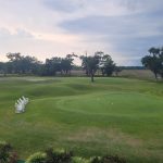 Panoramic view of a lush green golf course at Sapelo Hammock Golf Club. Smooth