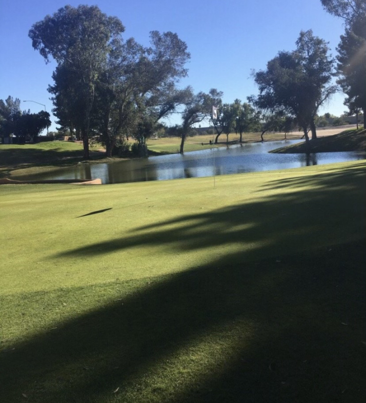 Panoramic view of a lush green golf course at Stripe Show Golf Club. Smooth