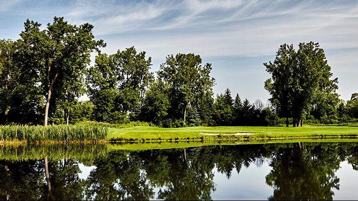 Panoramic view of a lush green golf course at TPC Michigan. Smooth