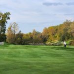 green grass with the flag in the hole.