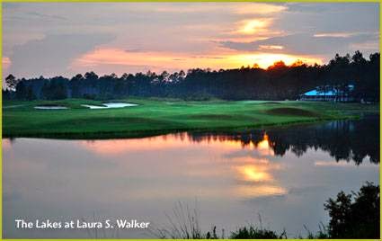 Panoramic view of a lush green golf course at The Lakes Golf Course at Laura S. Walker State Park. Smooth