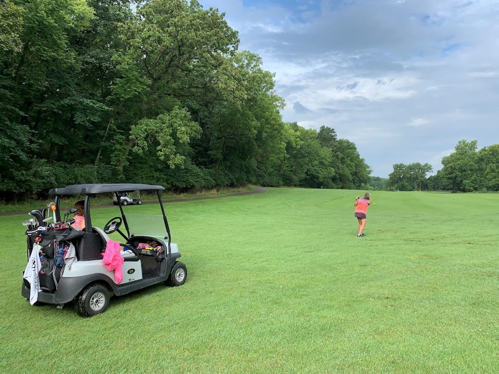 Panoramic view of a lush green golf course at Tomahawk Hills Golf Course. Smooth