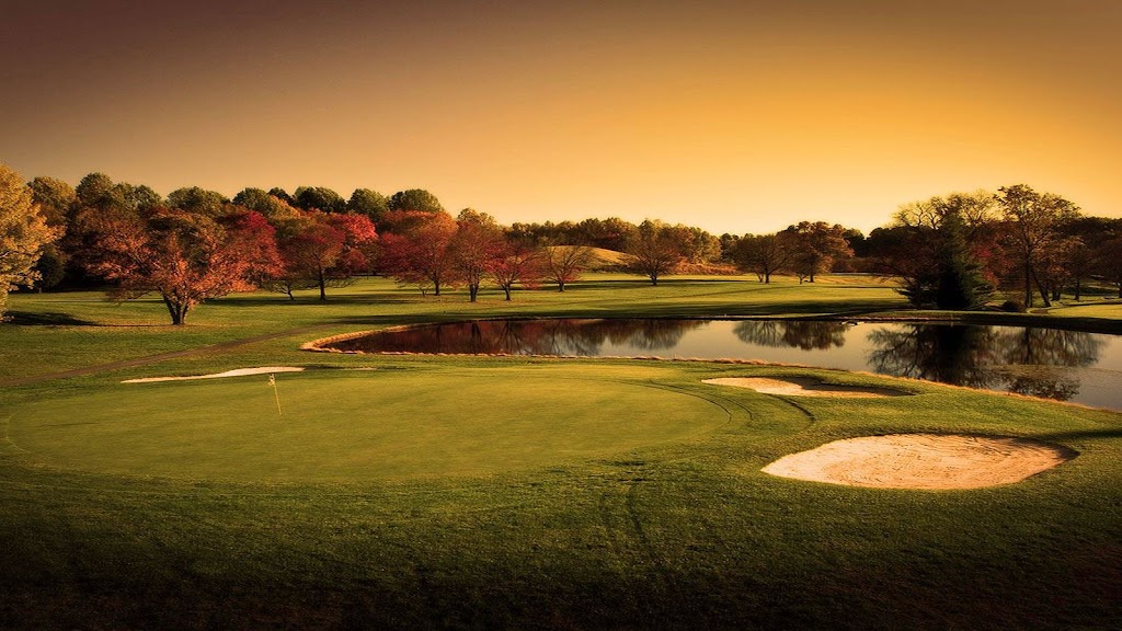 Panoramic view of a lush green golf course at Turf Valley Golf Club. Smooth