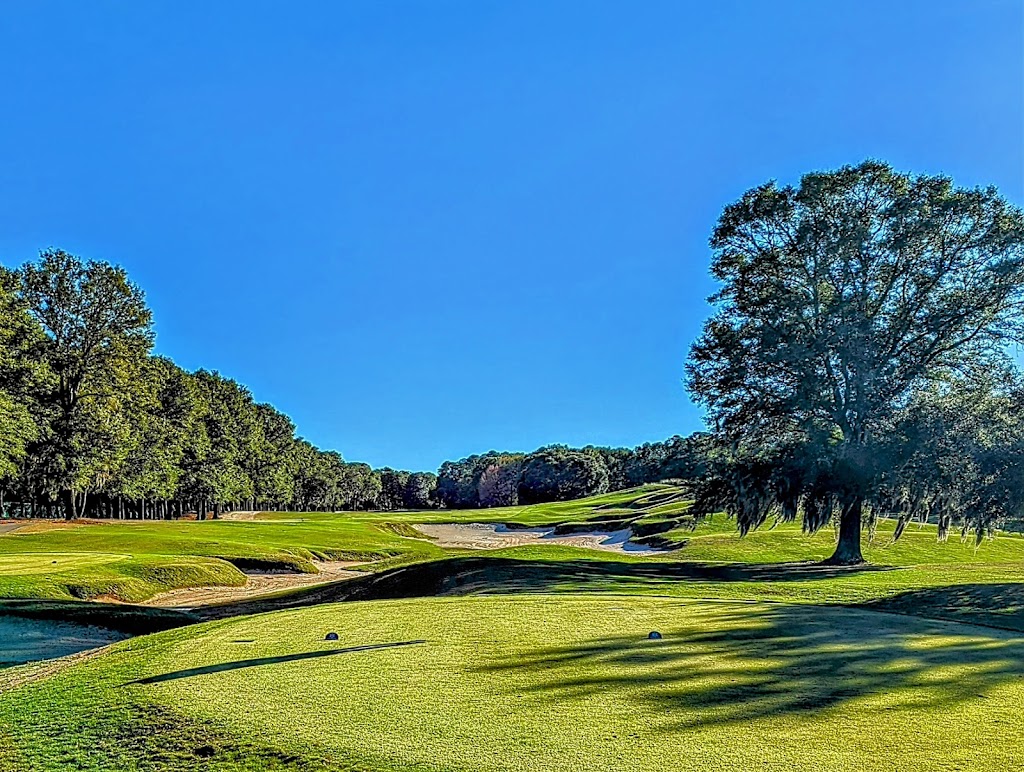 Panoramic view of a lush green golf course at Wachesaw Plantation Club. Smooth